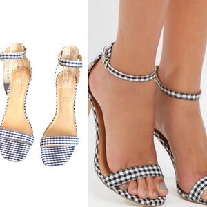 Material Girl Gingham Checkered Plaid Heels Size 9 Navy Blue White Coquette